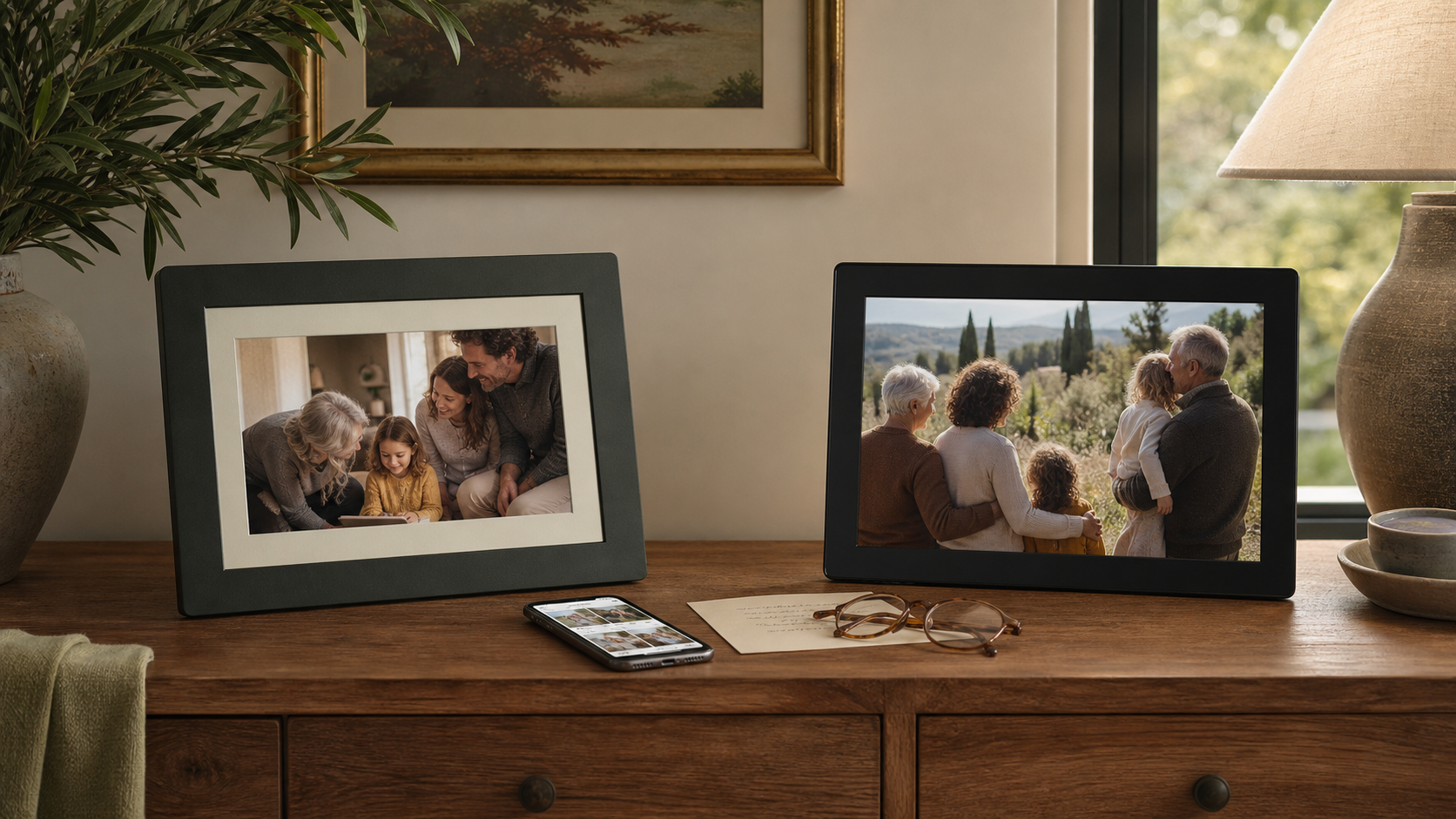 Two unbranded digital photo frames on a wood console with family photos.