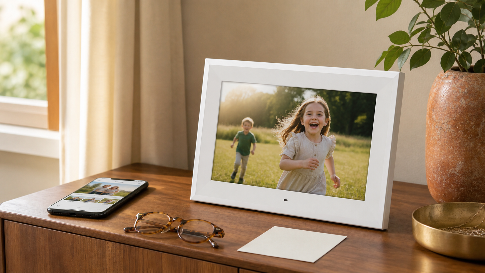 An unbranded white digital photo frame on a wood console with a family photo.