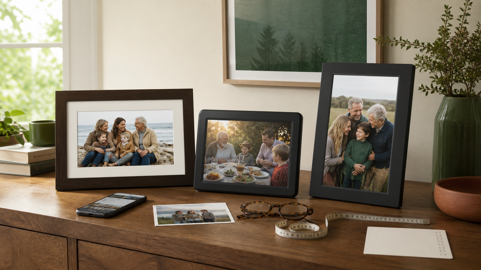 Three unbranded digital photo frames in different sizes on a wood console.