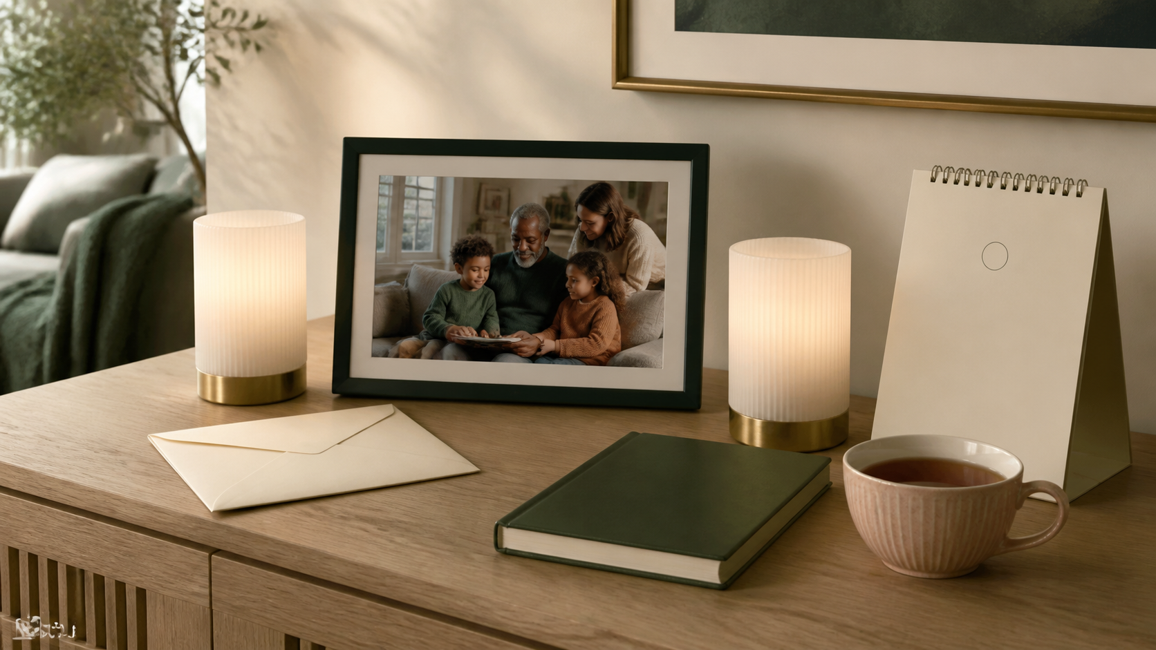 A digital photo frame, two touch lamps, a sealed envelope, and a journal arranged for long-distance grandparents.