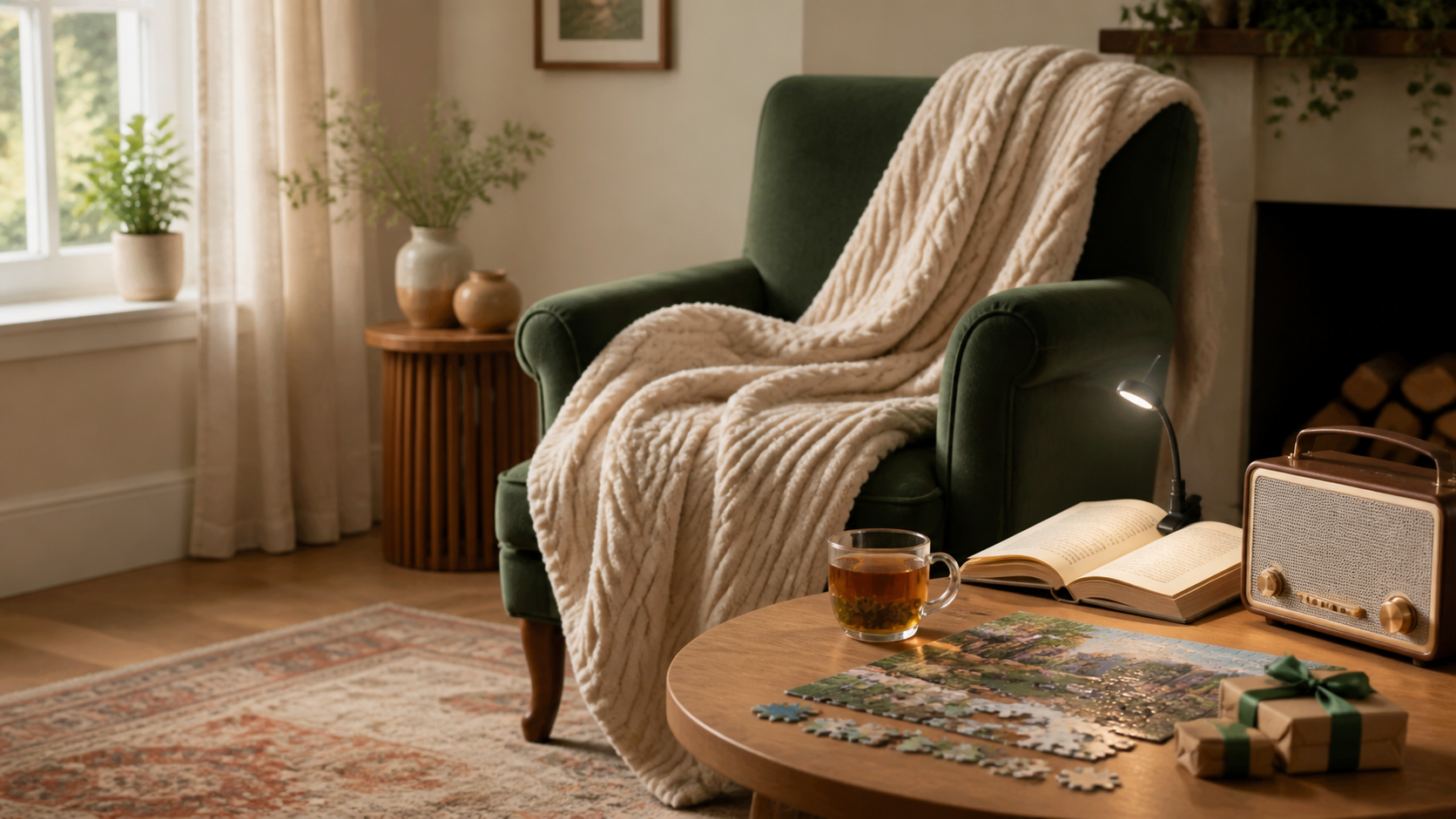 A reading chair with a soft throw, tea, a book light, and a puzzle in a sunlit living room.