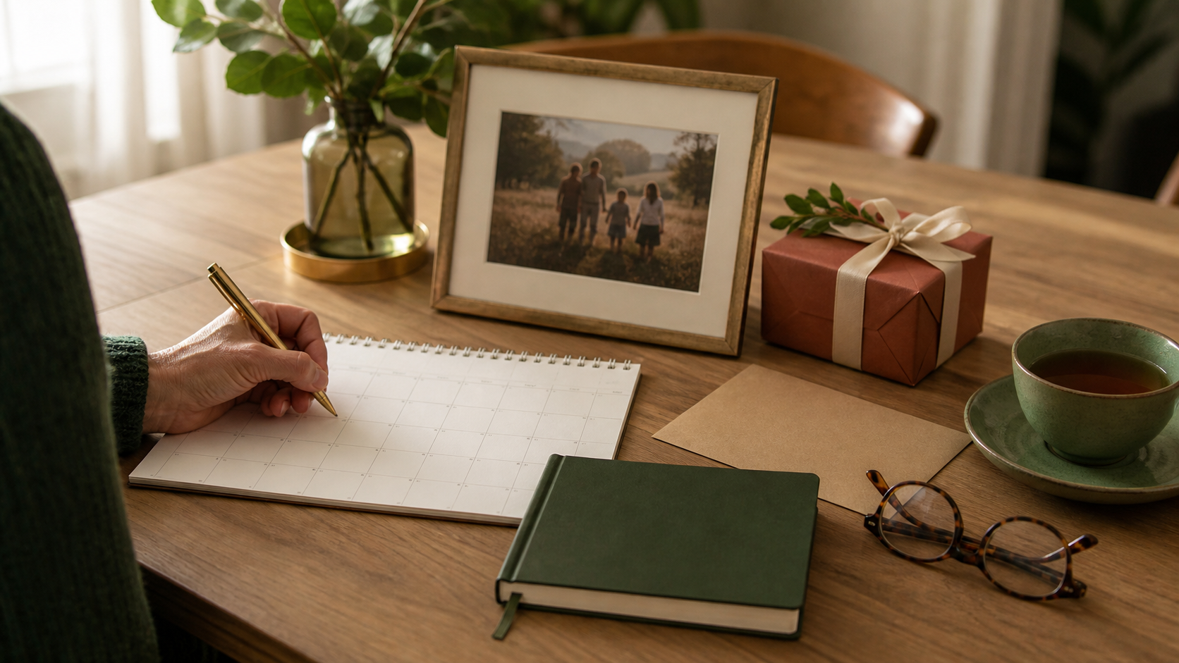 A family photo, a keepsake journal, a small wrapped gift, and tea on a light oak table.
