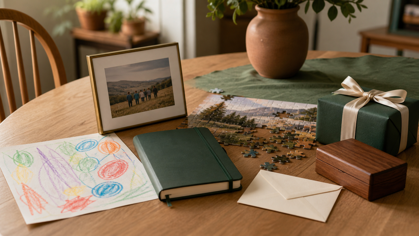 A child’s drawing, family photo, keepsake box, and a wrapped gift arranged for Grandparents Day.