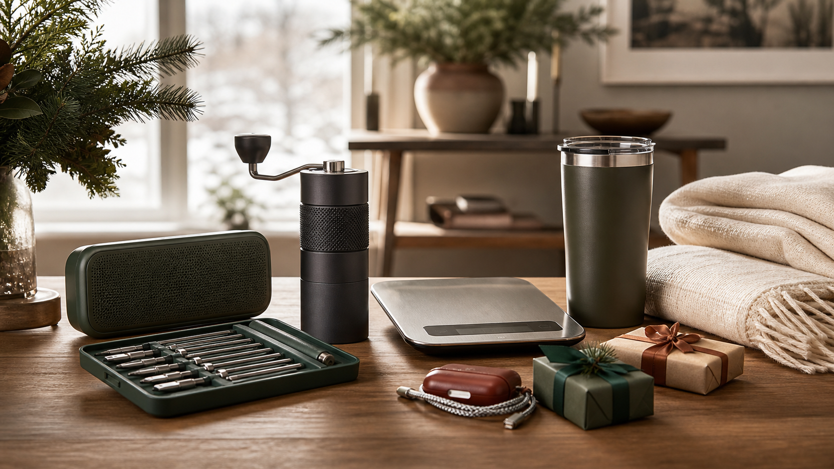 Useful Christmas gifts arranged on a warm oak table with subtle winter greenery.