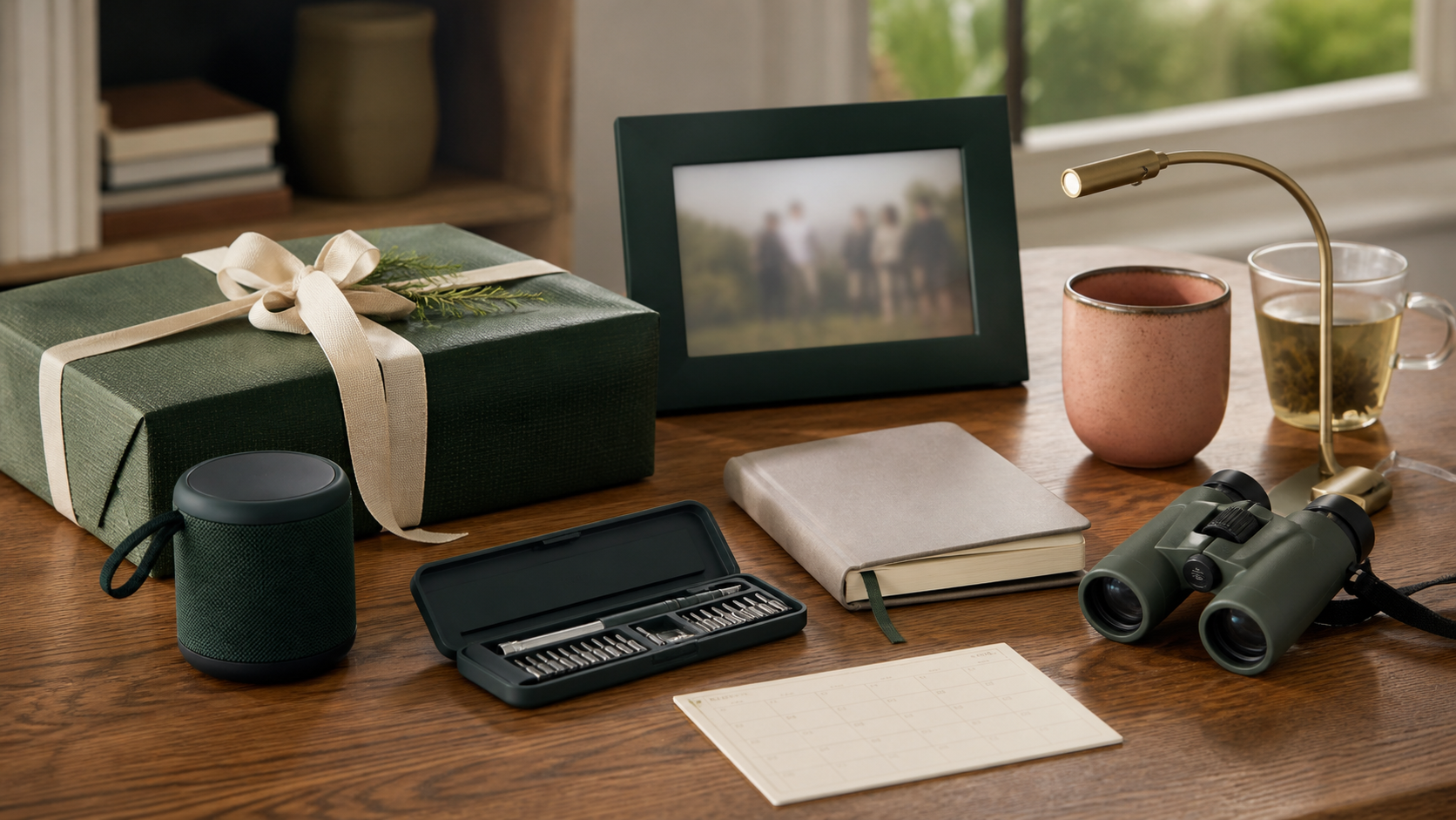 A curated assortment of useful gifts on a warm oak table for a hard-to-shop-for recipient.