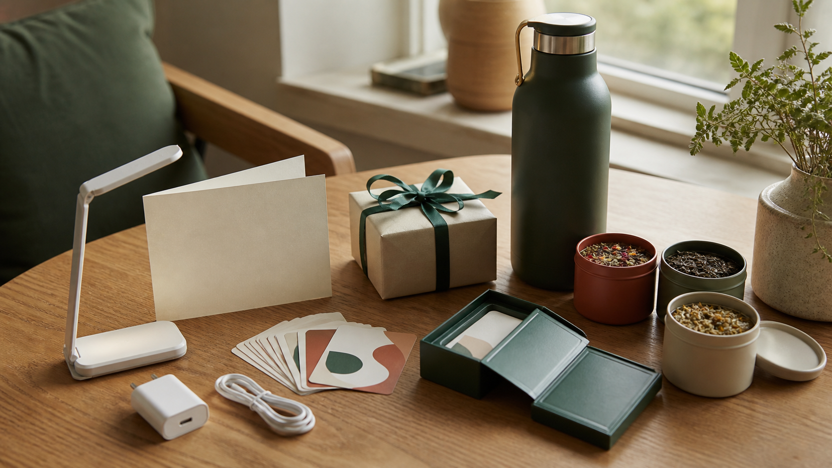 A card game, charger, insulated bottle, tea, and wrapped birthday gift on a light oak table.