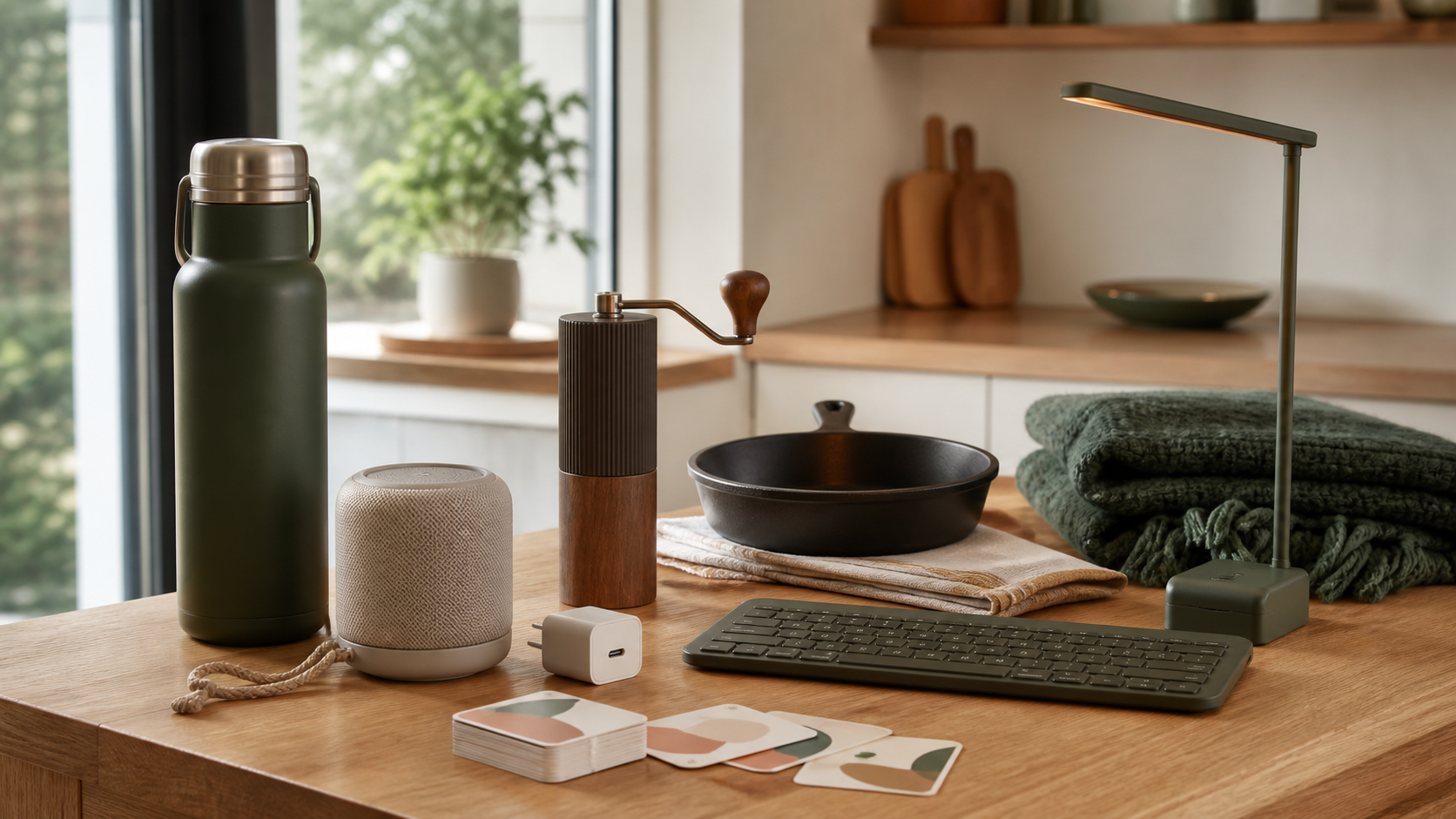 Useful everyday gifts including a bottle, charger, speaker, coffee grinder, skillet, and book light.