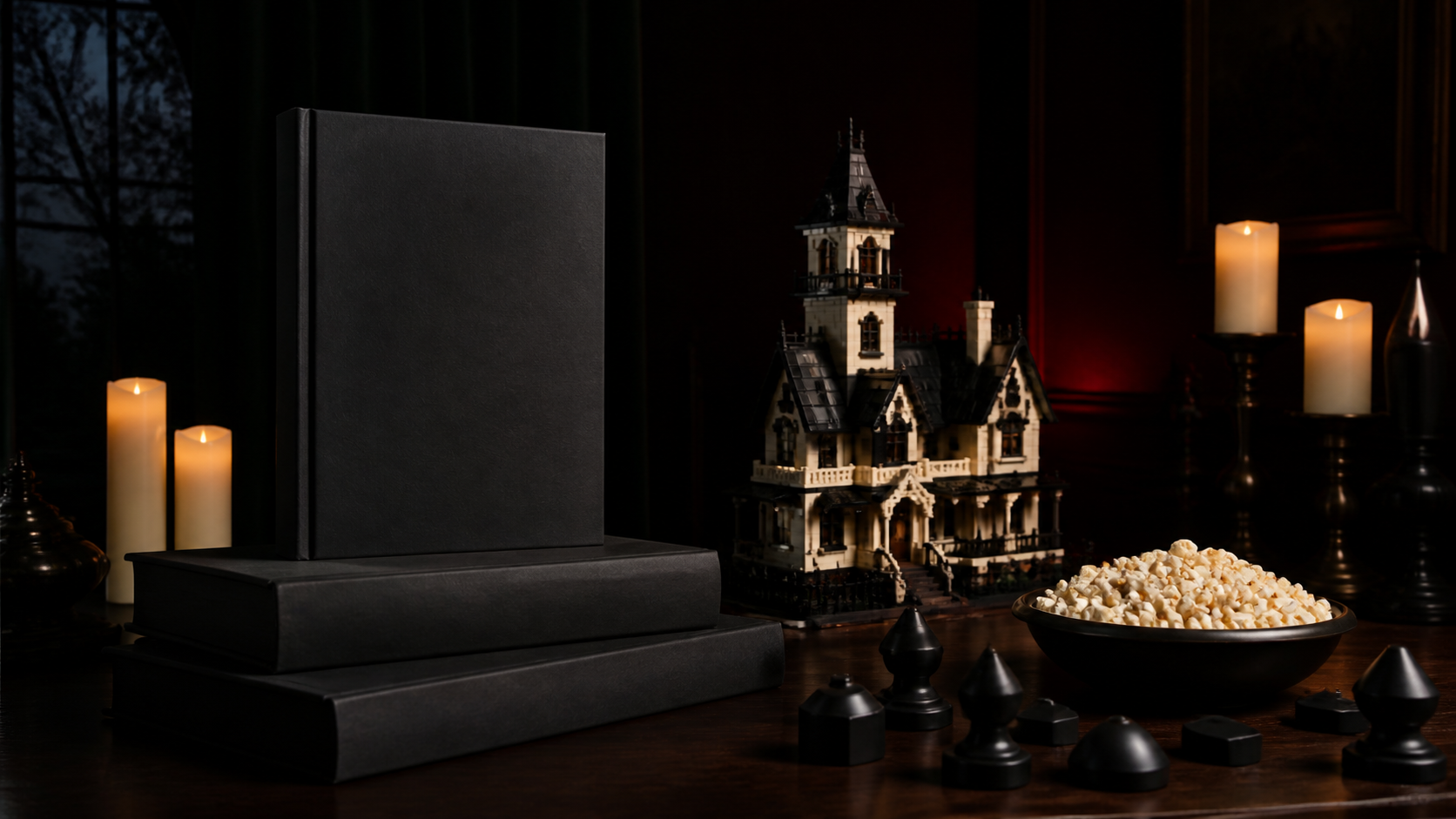 A sophisticated horror gift still life with books, game pieces, candles, and popcorn on dark wood.