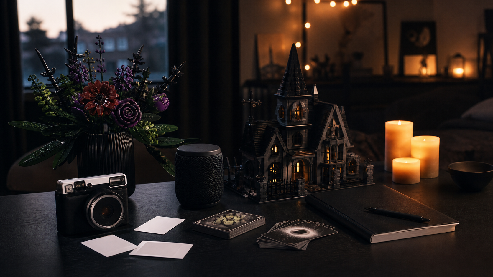 Teen Halloween gifts including an instant camera, creative kit, journal, and candles on a modern desk.