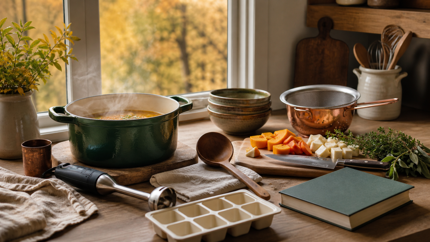 Fall soup-season kitchen gifts including a Dutch oven, vegetables, blender, and cooking tools.