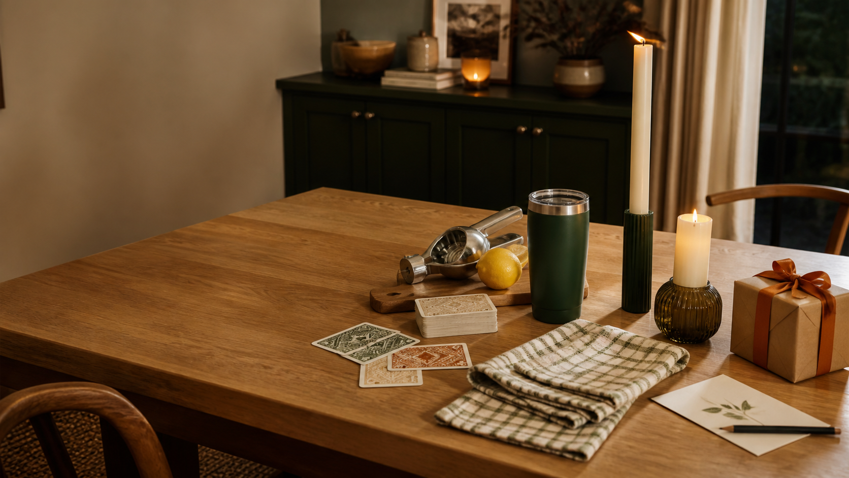 Fall host gifts arranged on a dining table