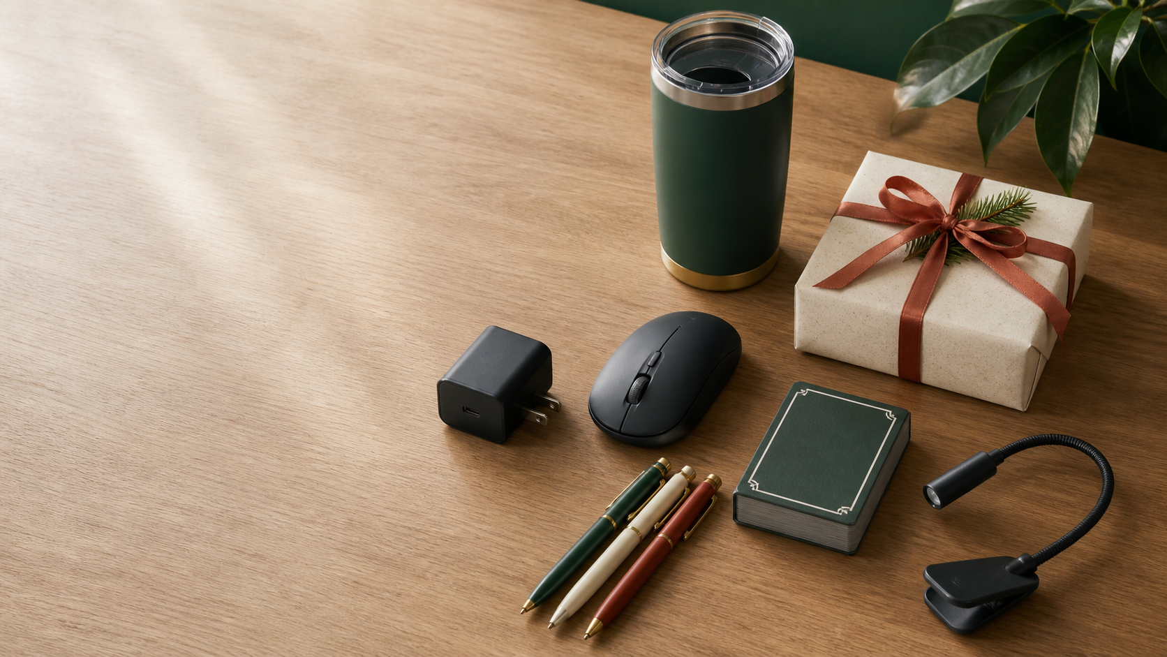 Useful coworker gifts arranged on an office desk