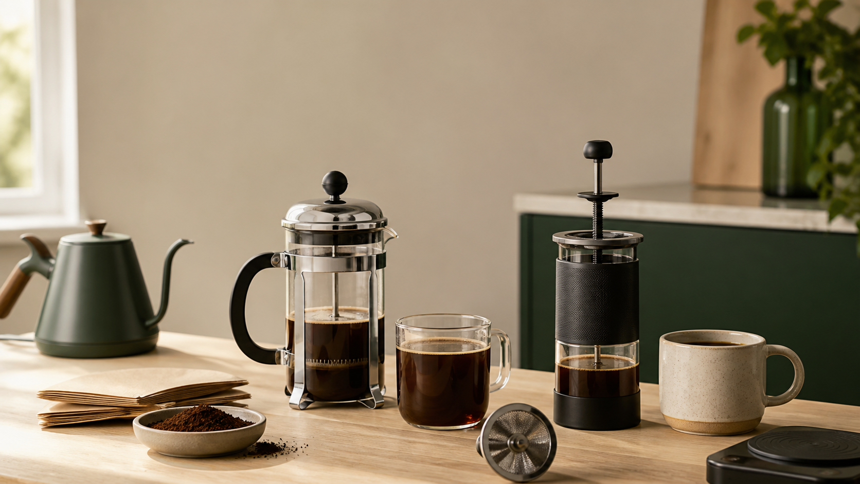 Editorial AeroPress and French press comparison still life