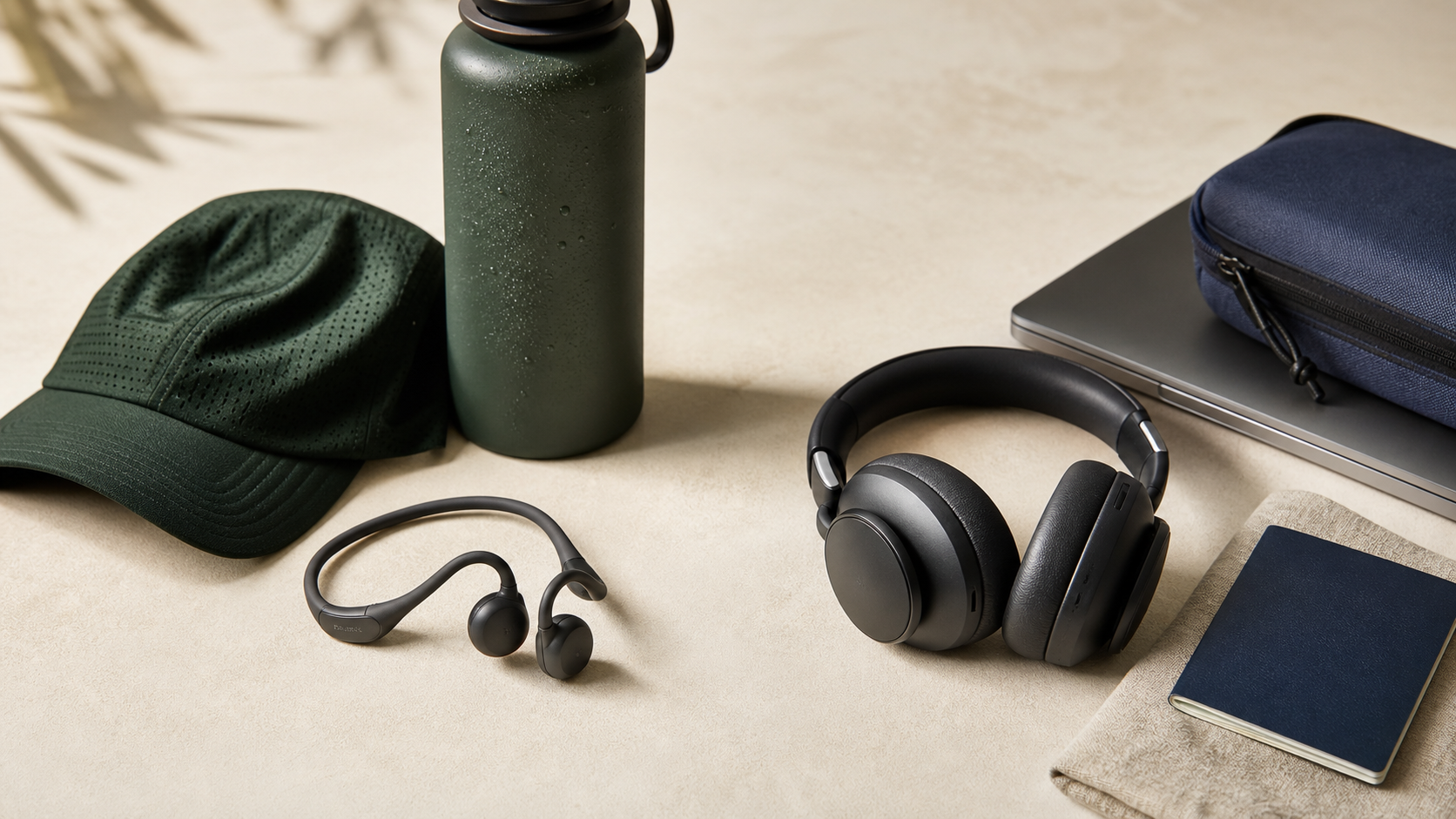 Editorial open-ear and noise-canceling headphones comparison still life