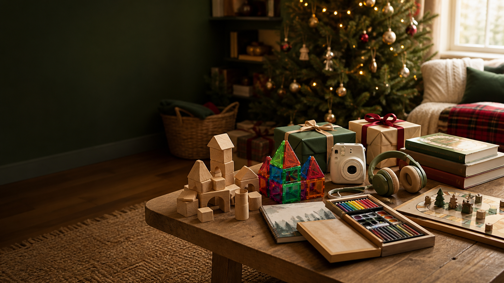 Christmas gifts for kids arranged around a tree in a warm family living room.