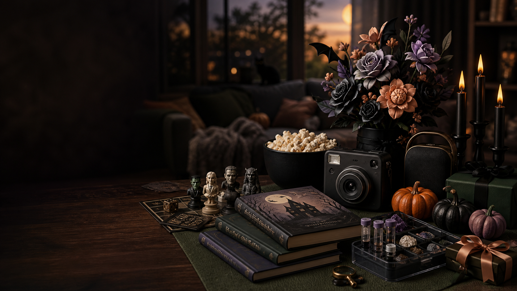 Halloween gifts arranged for a cozy movie night and fall gathering