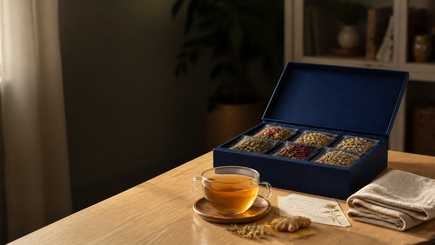 Herbal tea gift set and a glass cup of tea on a wooden table
