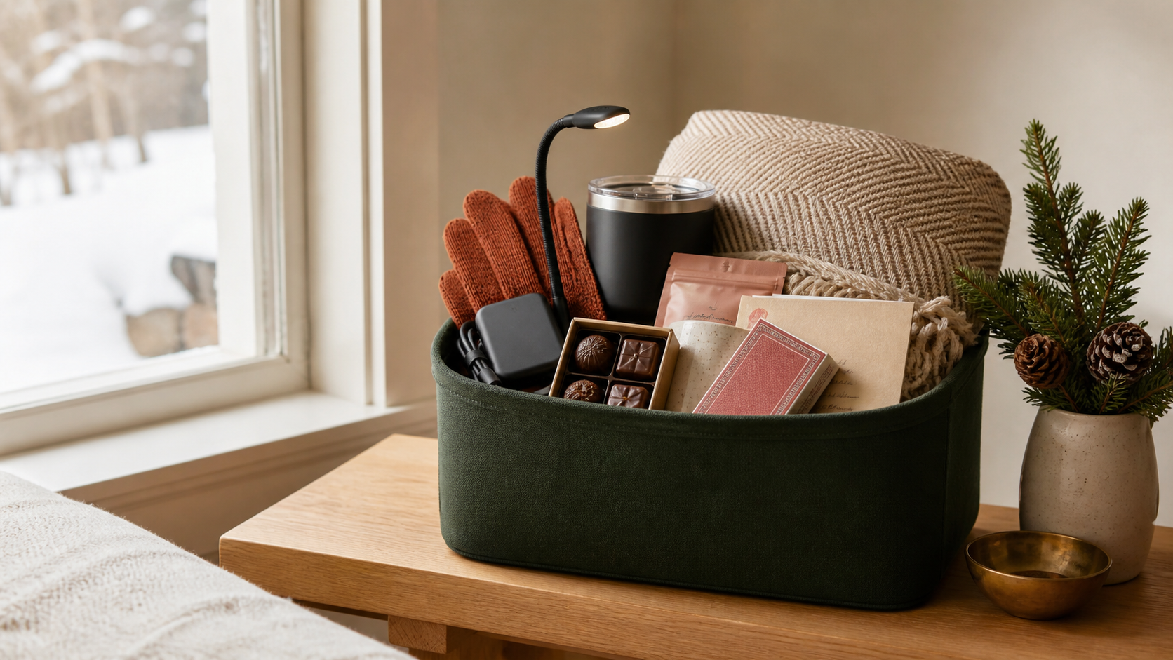 A green Burr Basket with a throw, mittens, tea, chocolate, and small winter gifts by a snowy window.