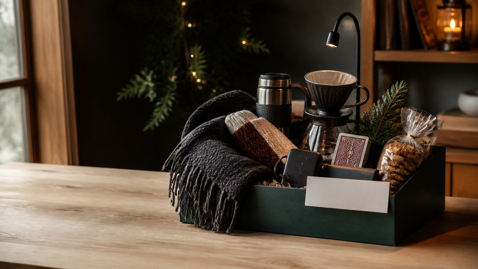 A dark green Burr Basket with a throw, coffee gear, a reading light, and small practical gifts.