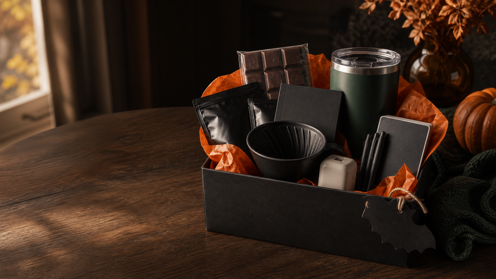 A black Halloween Boo Basket with orange tissue paper, chocolate, coffee gear, and small gifts.