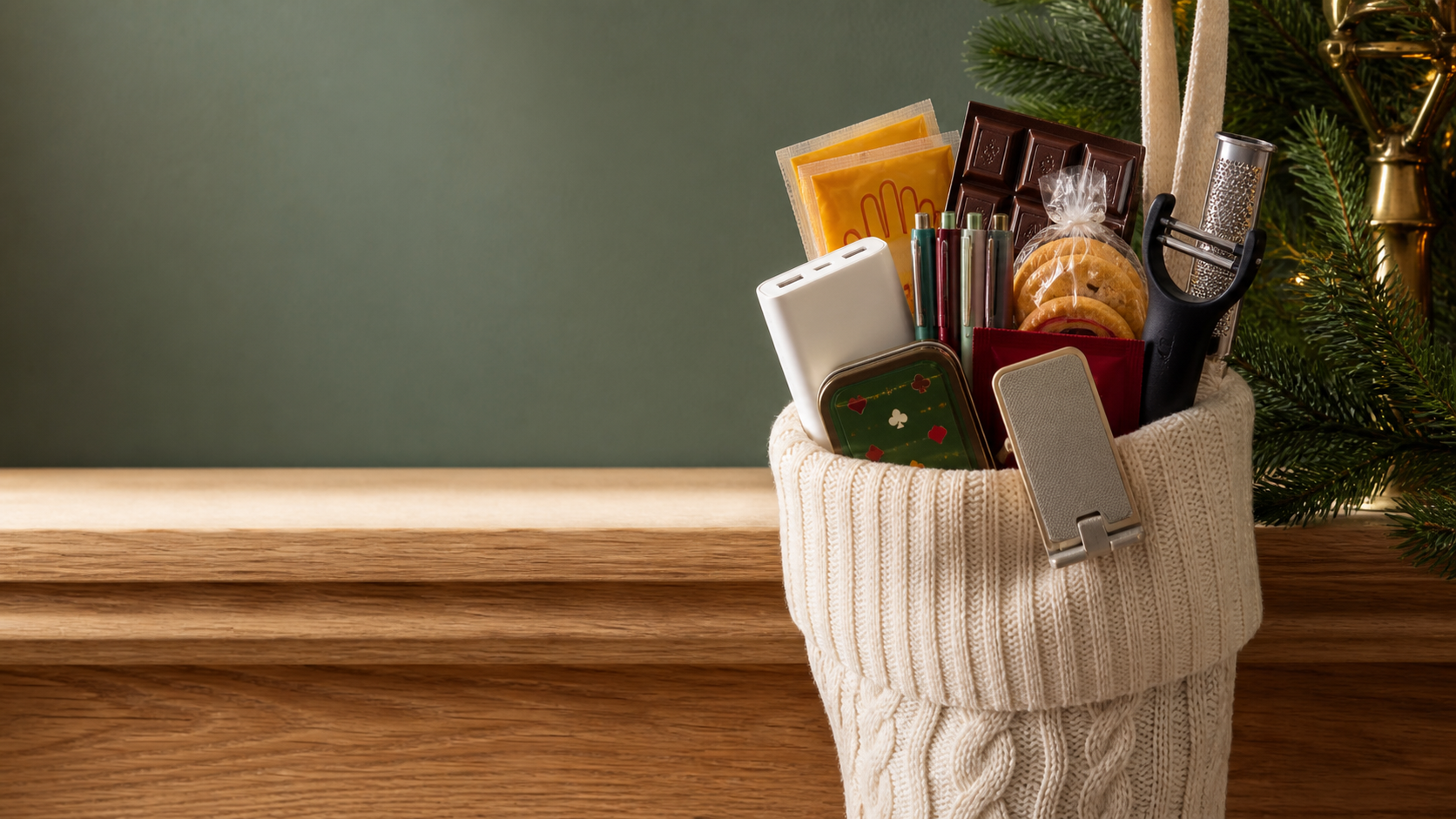 A cream knit stocking filled with useful small gifts beside evergreen branches.