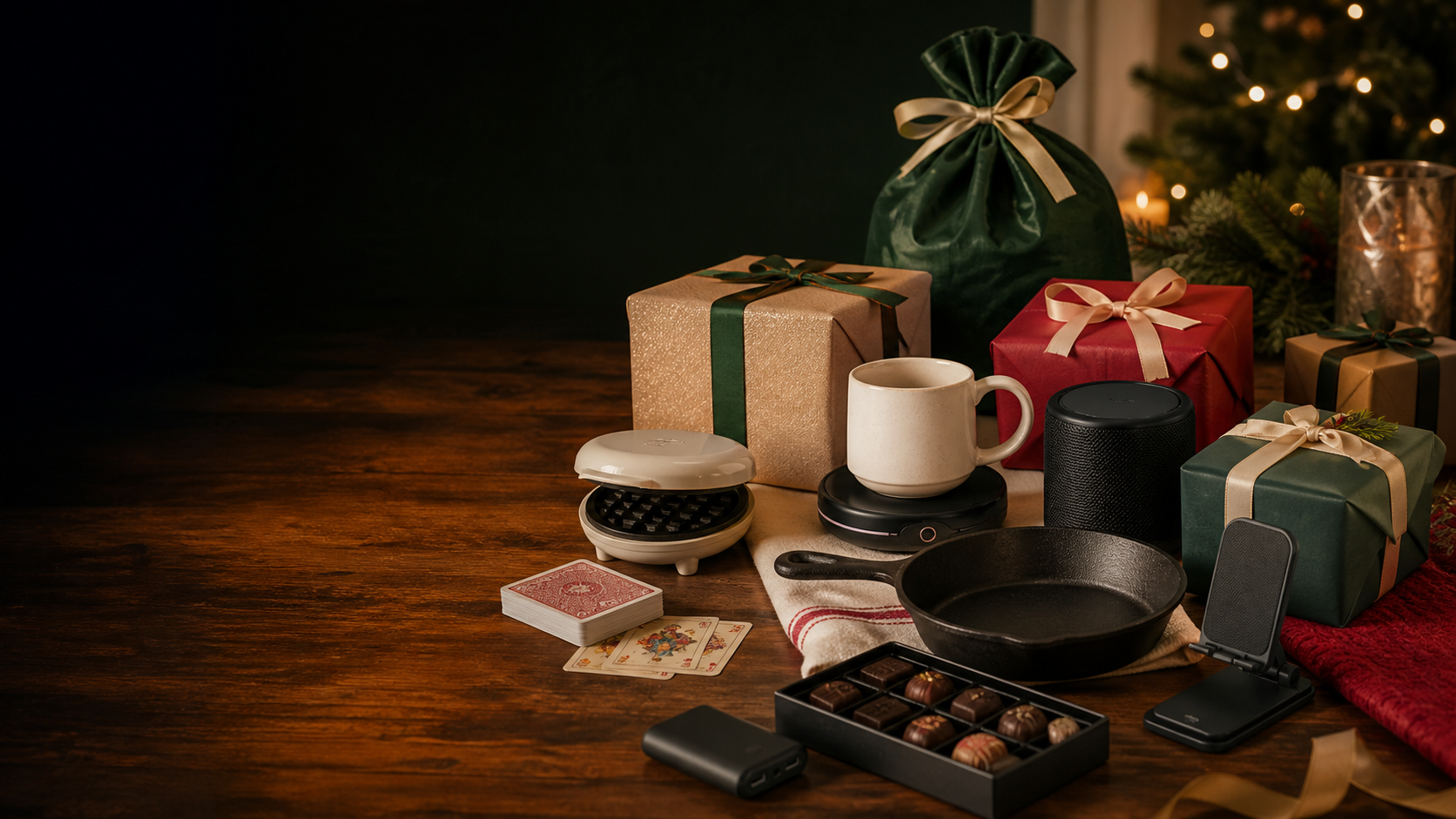 Wrapped gifts, a card game, cookware, and small gadgets arranged for a White Elephant exchange.