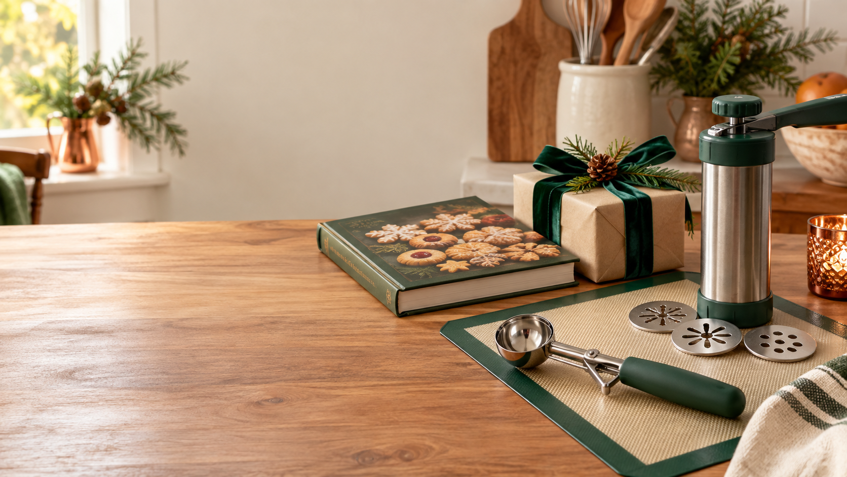 Editorial still life of cookie-baking gifts on a warm kitchen table