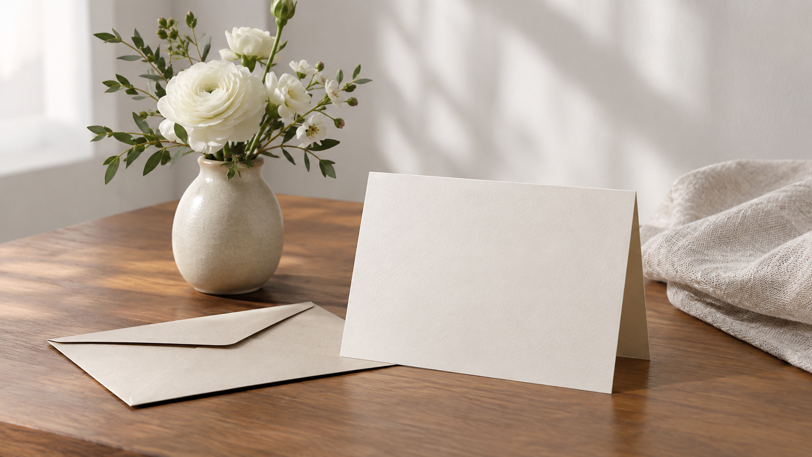 A blank sympathy card beside understated white flowers on a quiet table