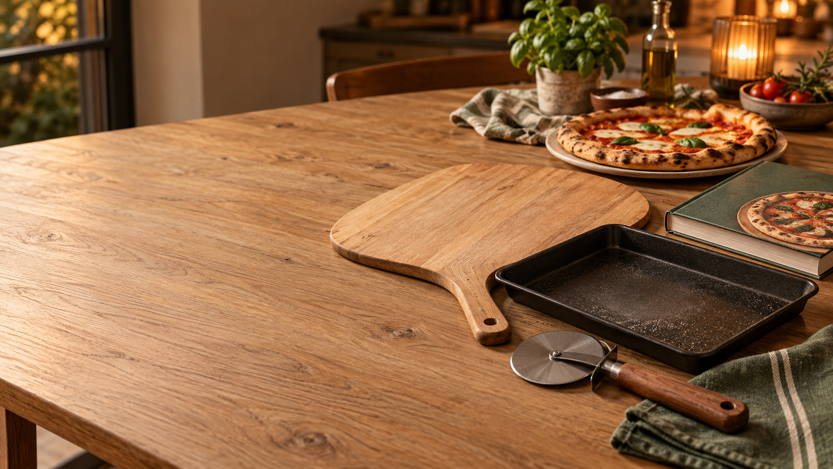 Editorial still life of pizza-making gifts on a warm kitchen table