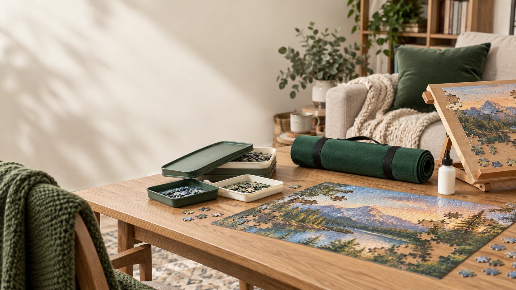 Editorial still life of jigsaw puzzle accessories on a calm living-room table