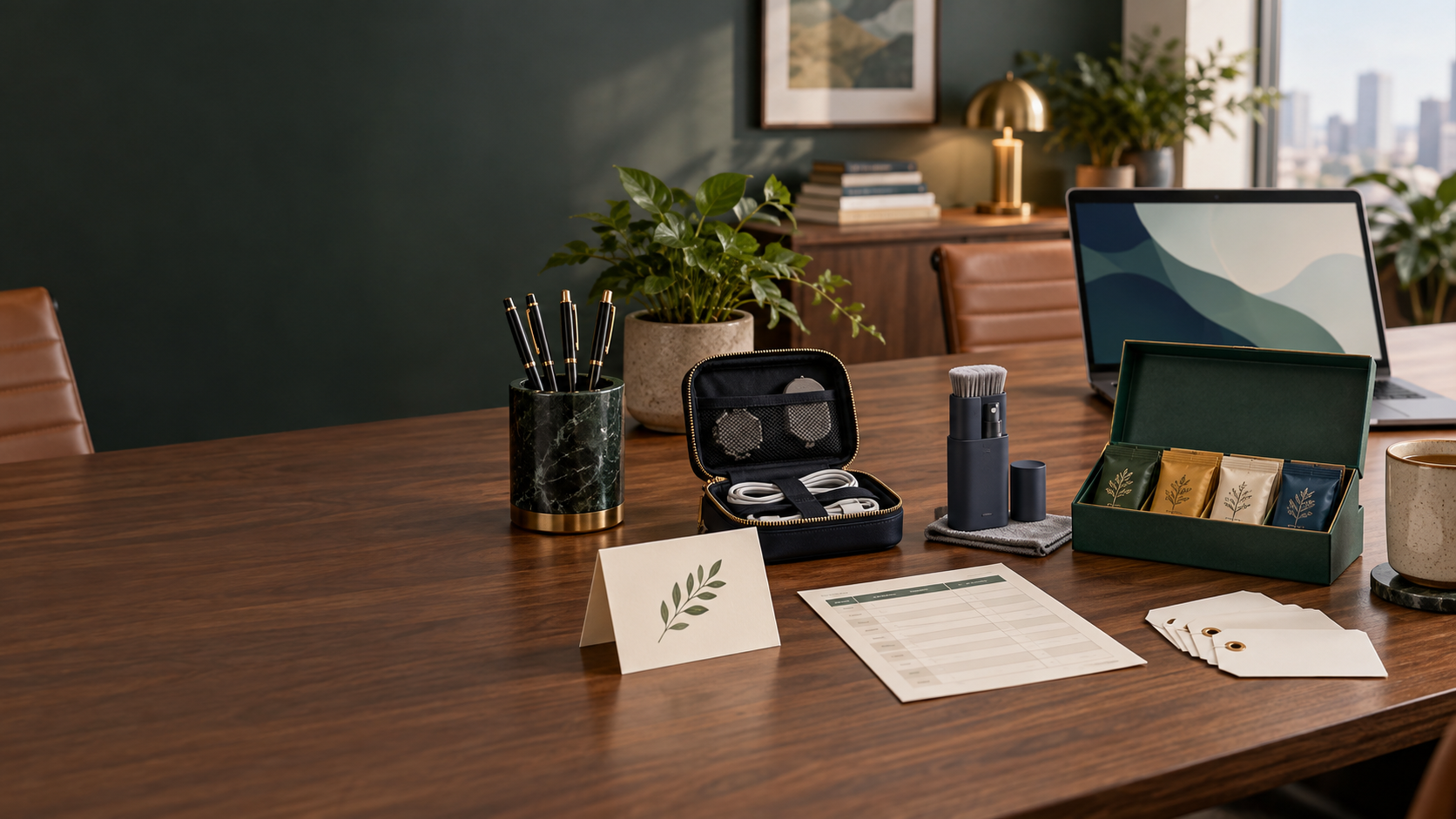 Professional editorial scene with equal-value team gift options on a conference table.