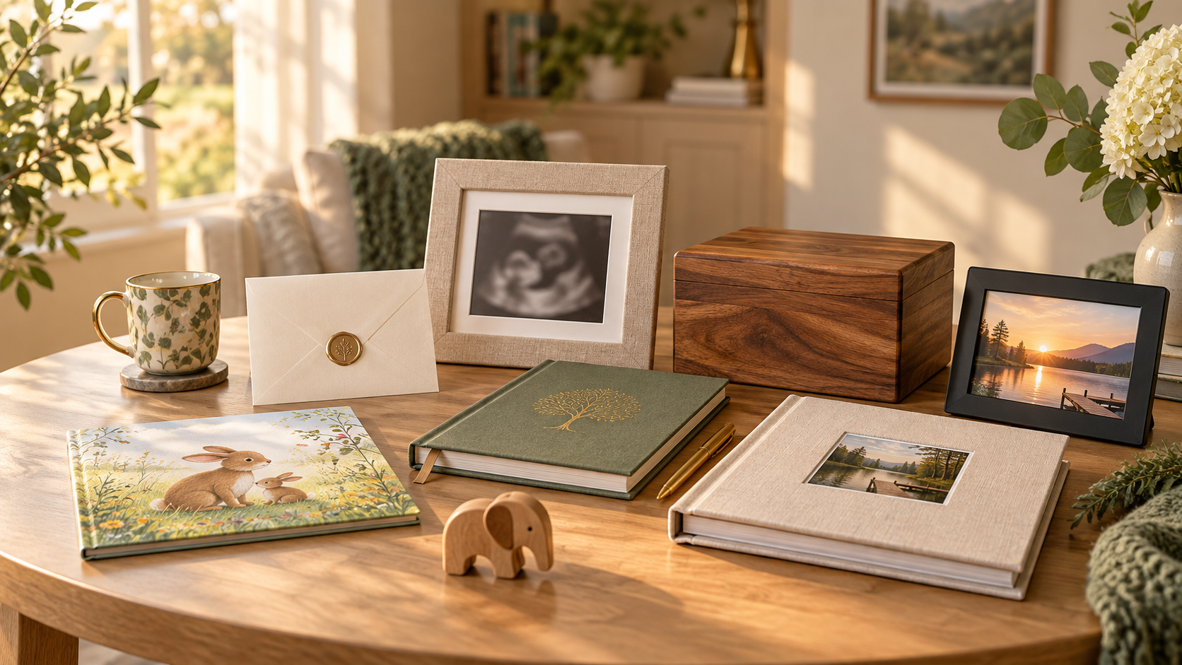 Warm editorial scene with a keepsake box, announcement card, sonogram frame, family journal, and photo album for grandparents-to-be.