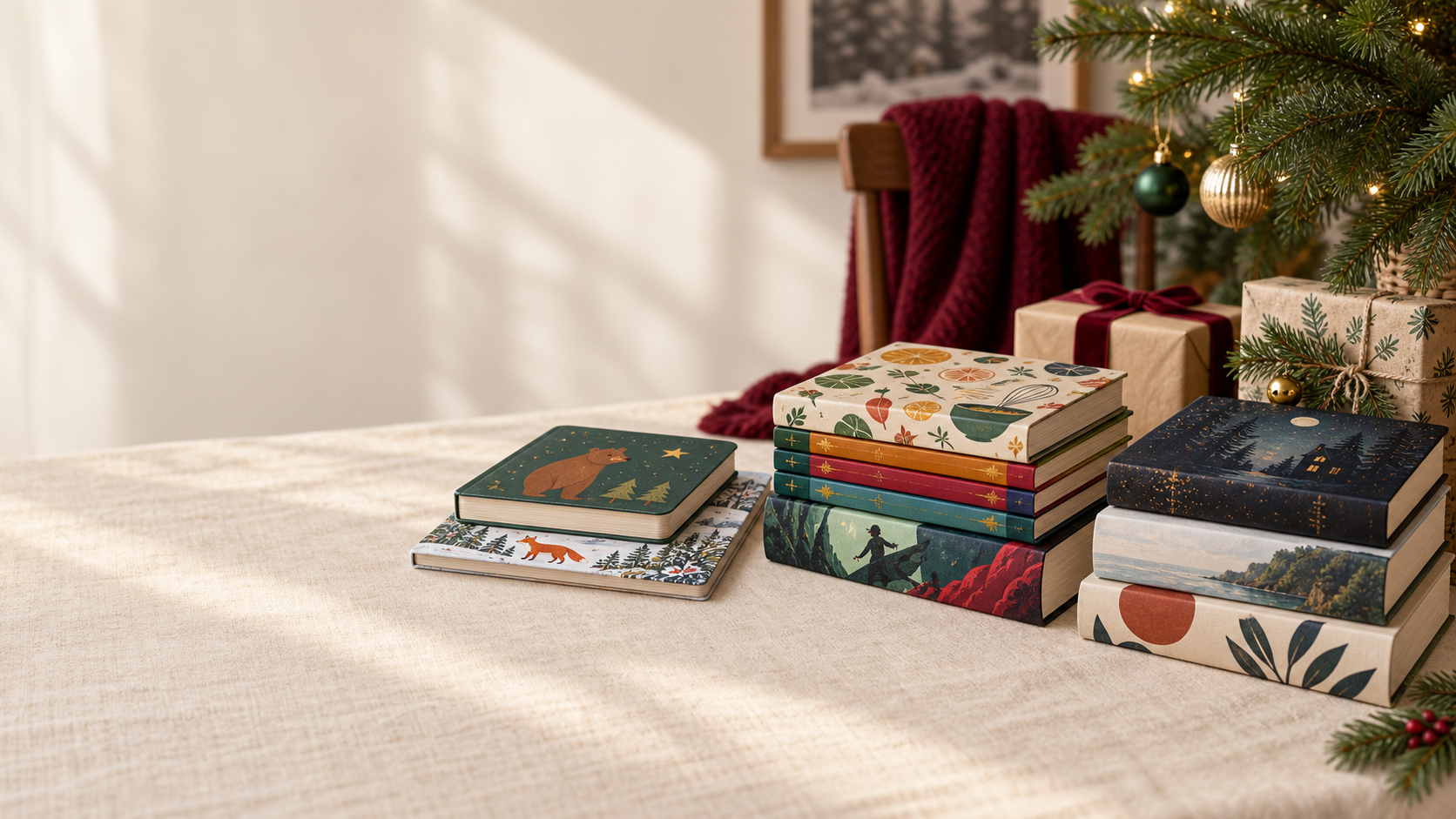 Christmas editorial scene with stacks of books for children, teens, and adults beside wrapped gifts and evergreen branches.