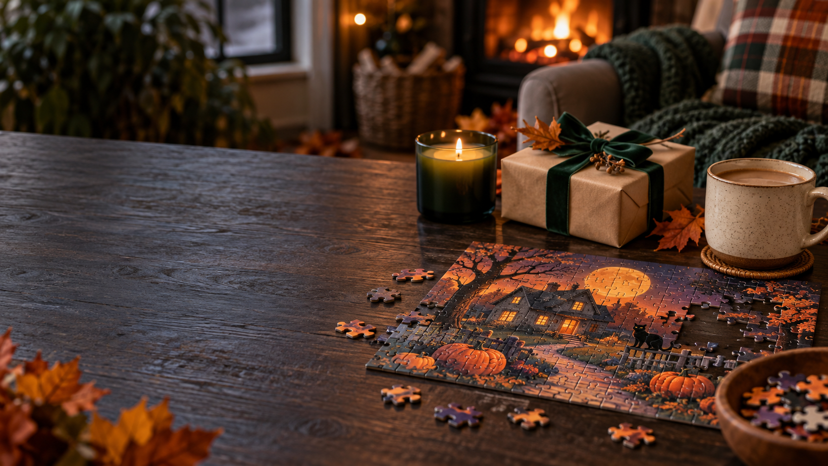 Editorial still life of a Halloween jigsaw puzzle and a cozy fall gift setting