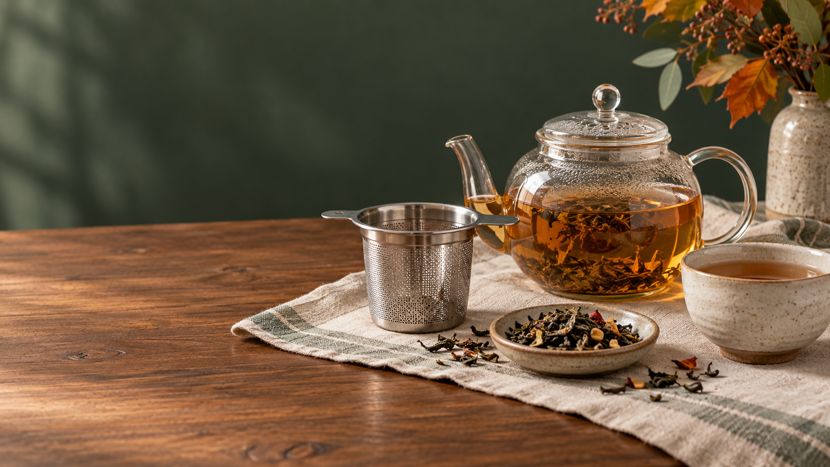 Editorial still life of a glass teapot and tea infuser basket on a walnut table