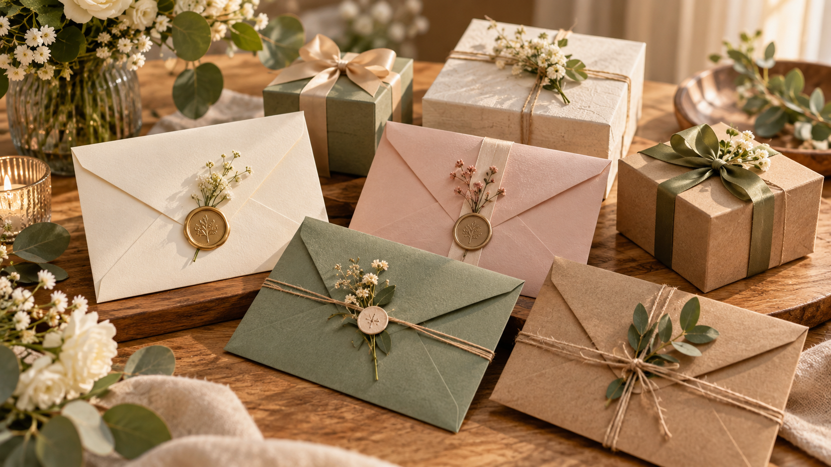 Coordinated thank-you gifts and blank notes arranged for a wedding party