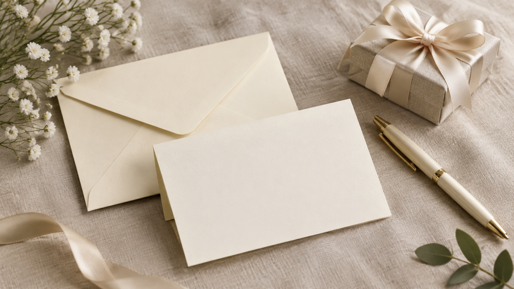 A blank wedding card and folded note beside a neutral gift box on linen