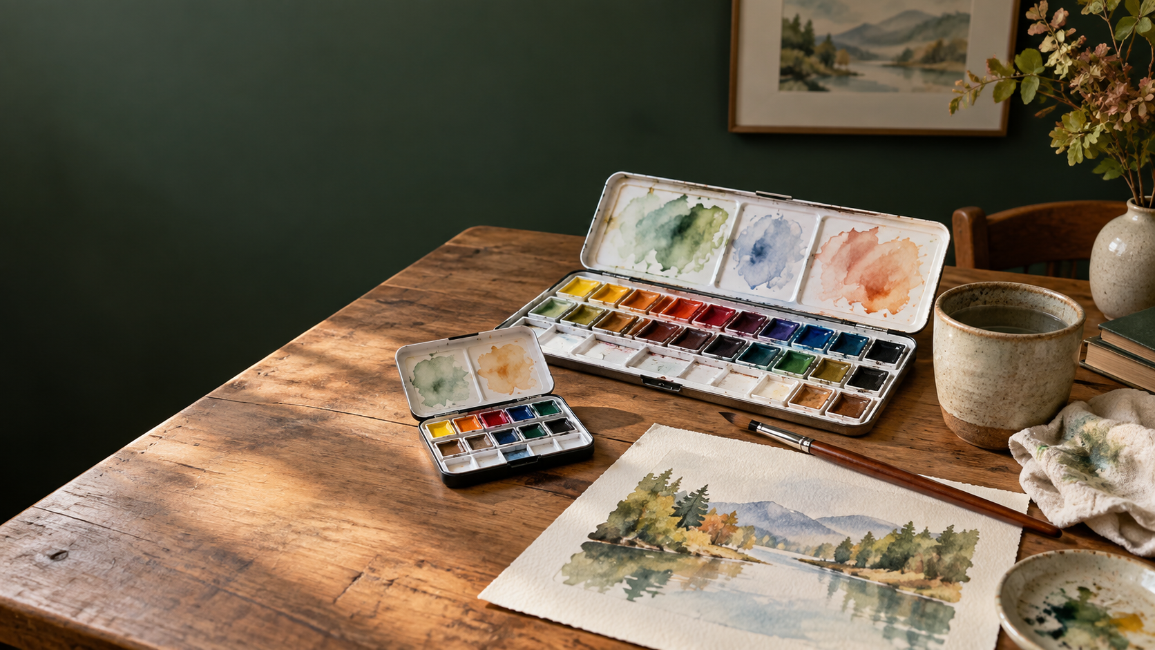 Editorial still life of broad and compact watercolor palettes for a beginner