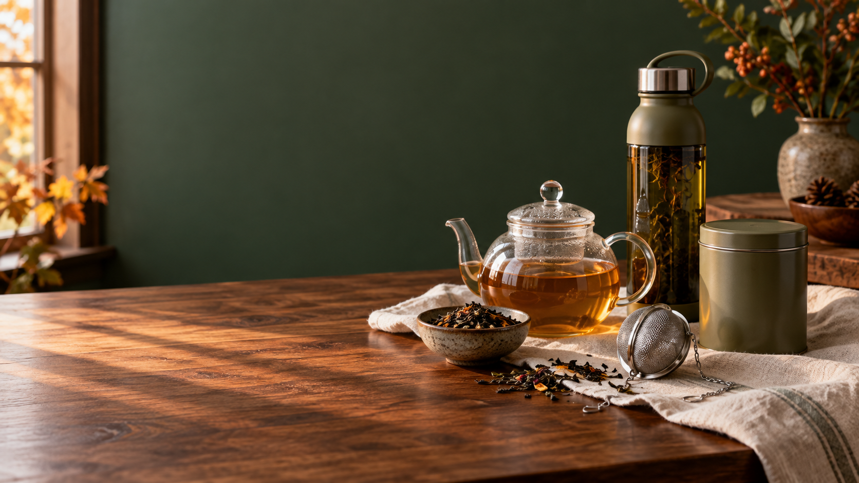 Editorial still life of loose-leaf tea gifts on a warm wood table