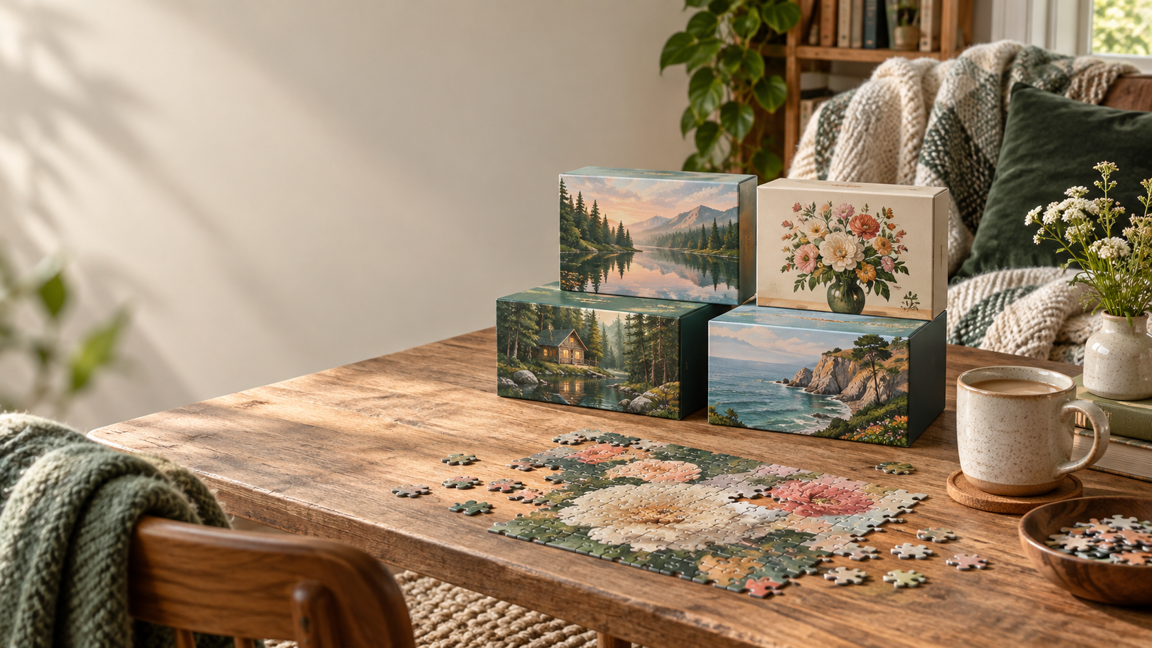 Editorial still life of small jigsaw puzzle gifts in a cozy reading nook