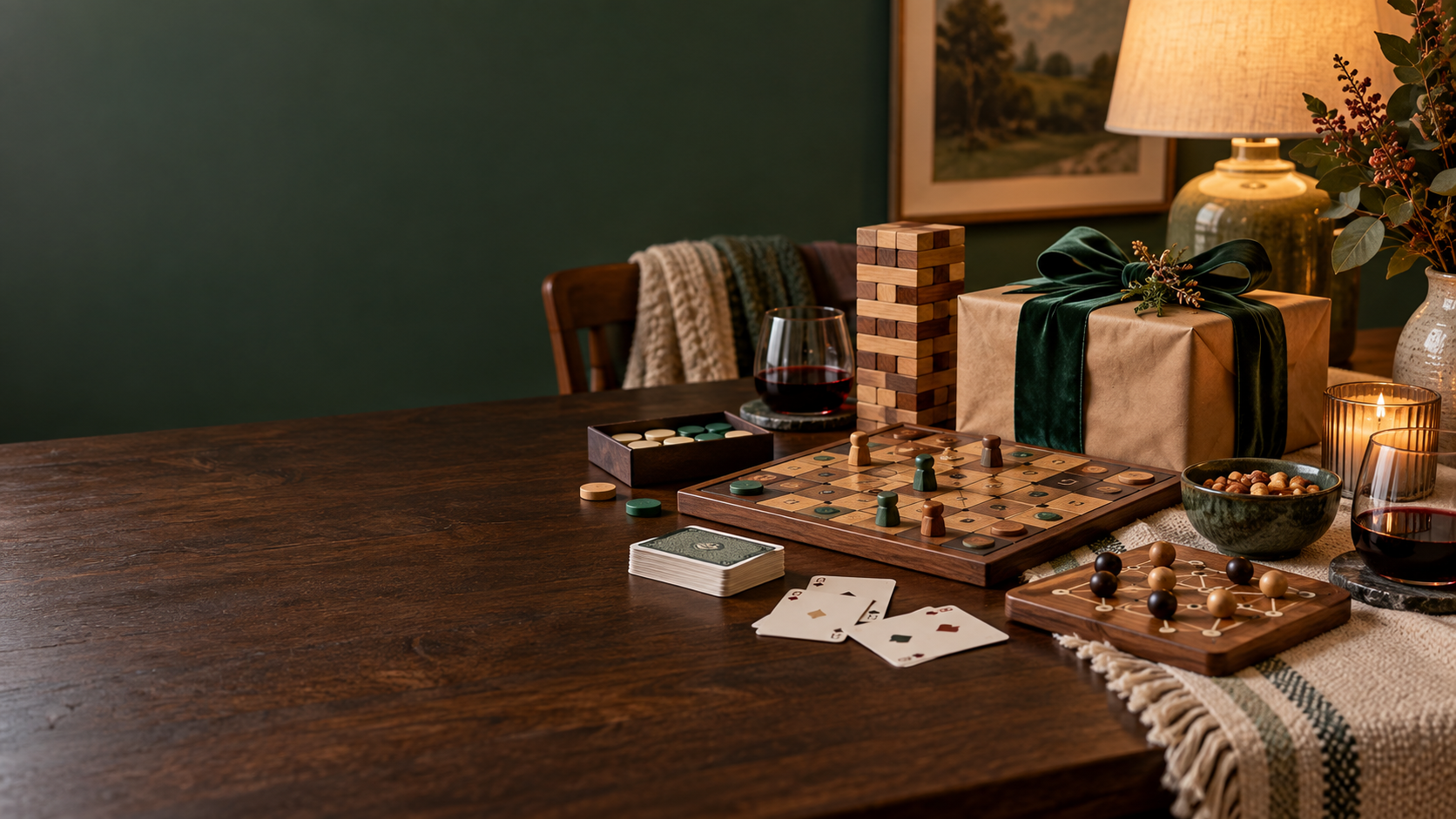 Editorial two-player board-game gift scene for a cozy night in