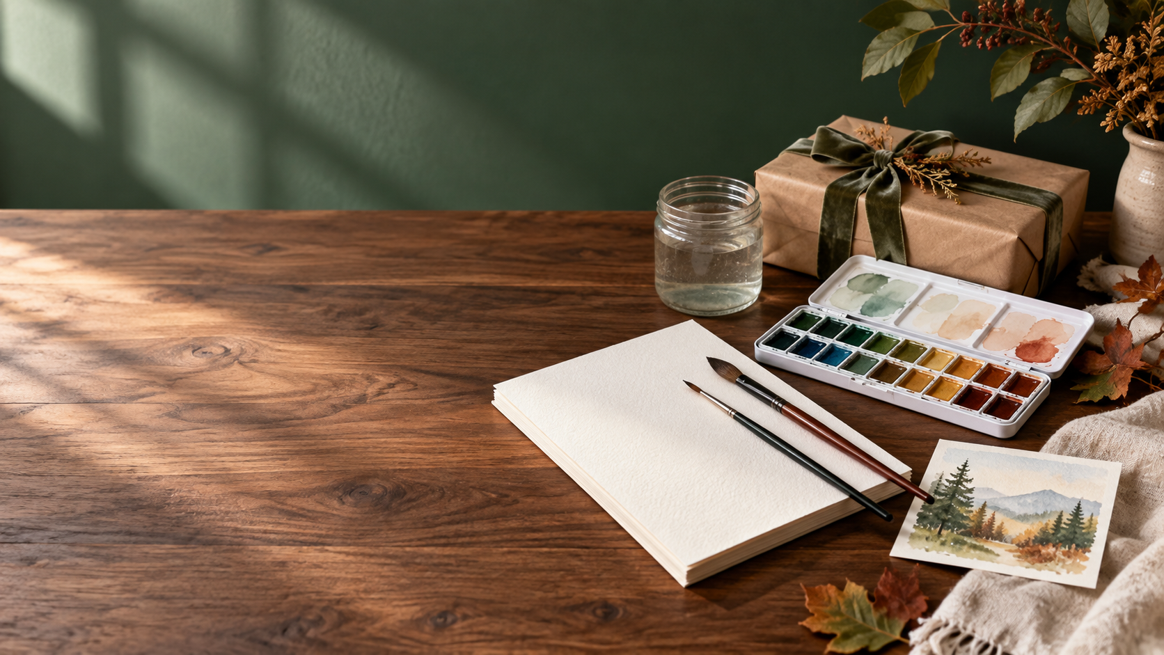 Editorial watercolor gift kit with paper, brushes, palette, and wrapped gift