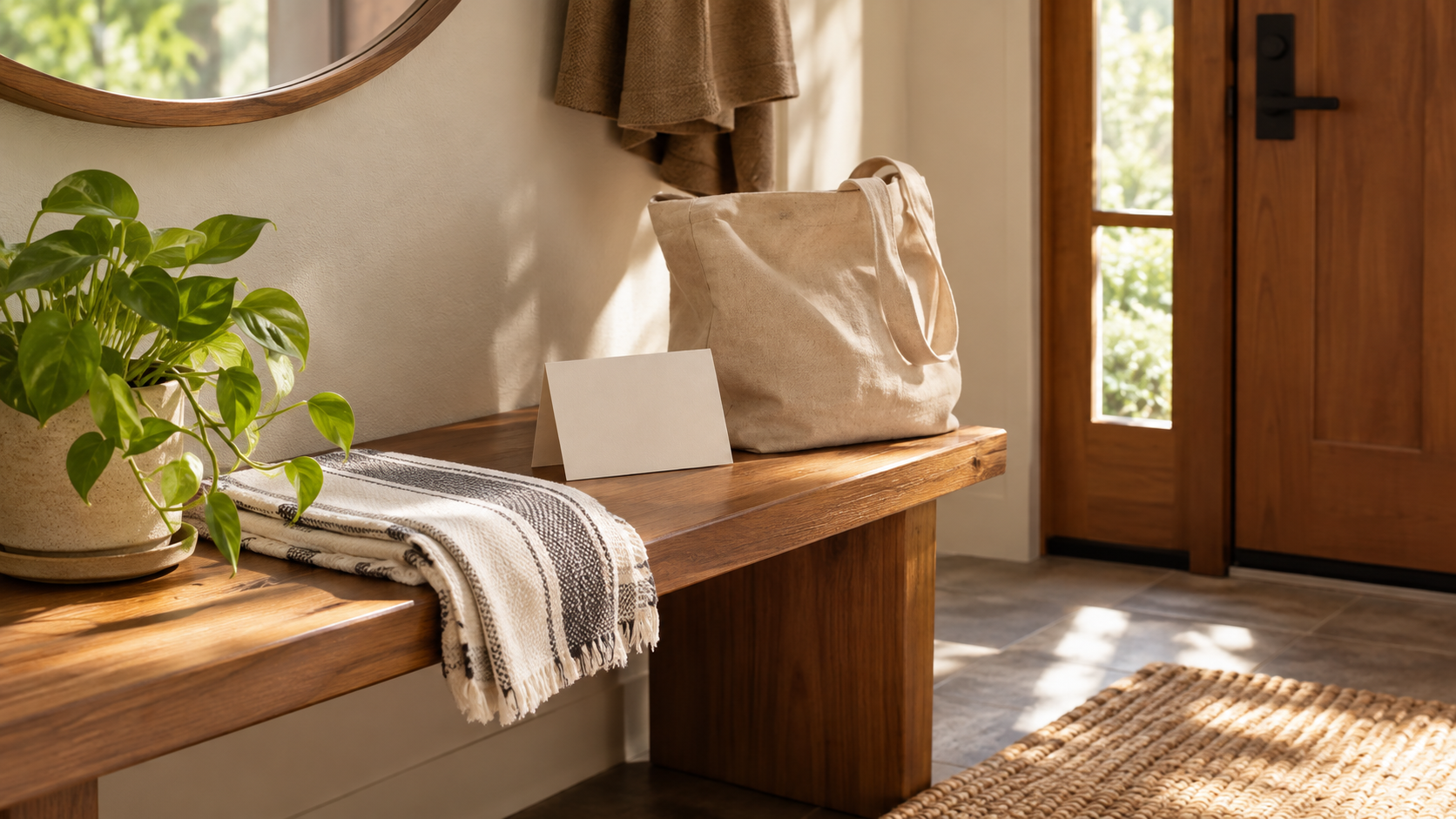 A small welcoming housewarming gesture arranged by an entryway