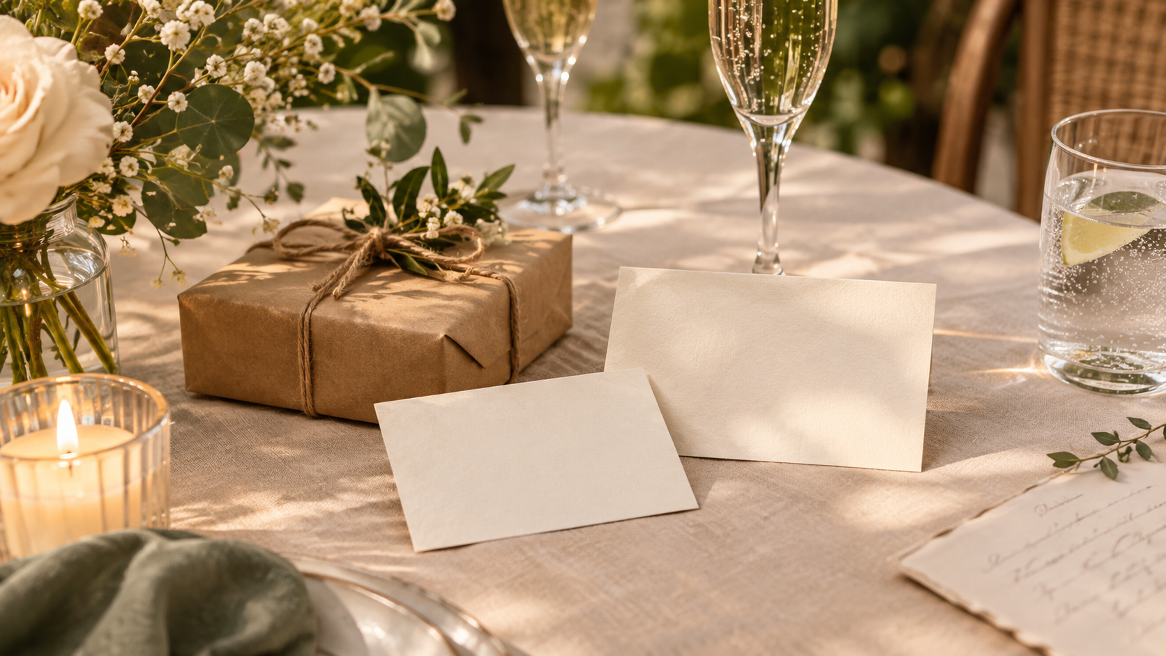 A small wrapped engagement party gift beside a handwritten invitation on a softly lit table